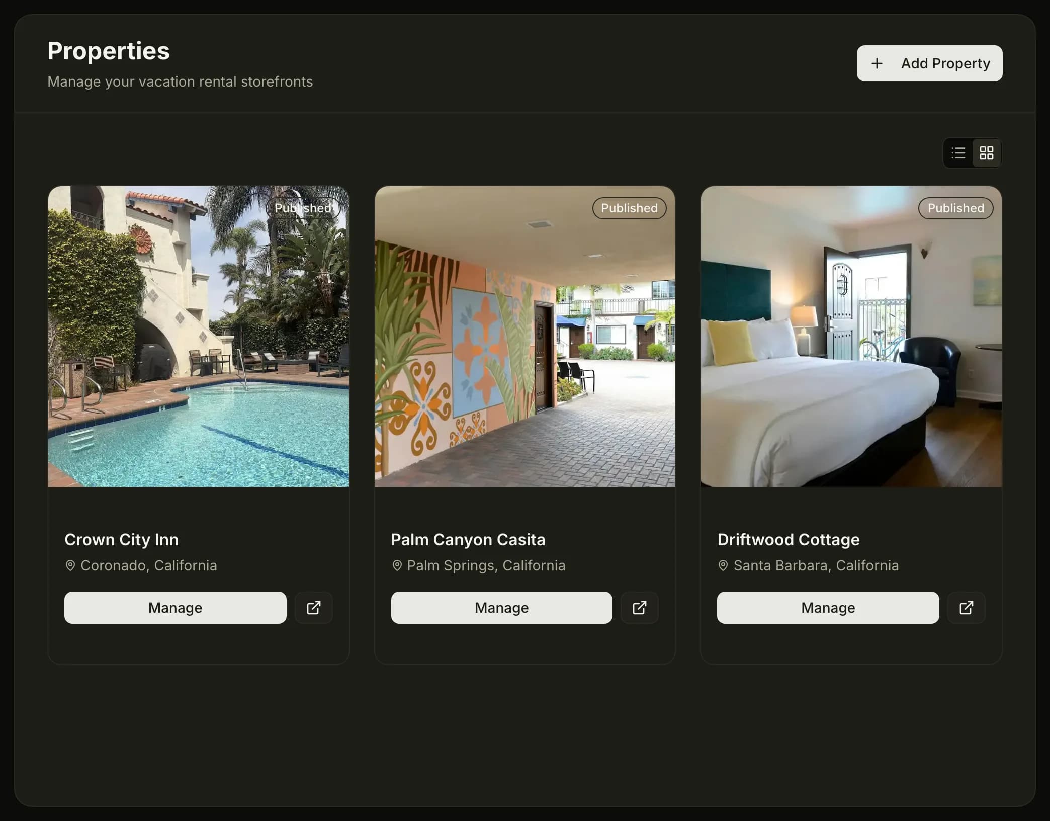 The properties dashboard showing three published properties as cover-photo cards