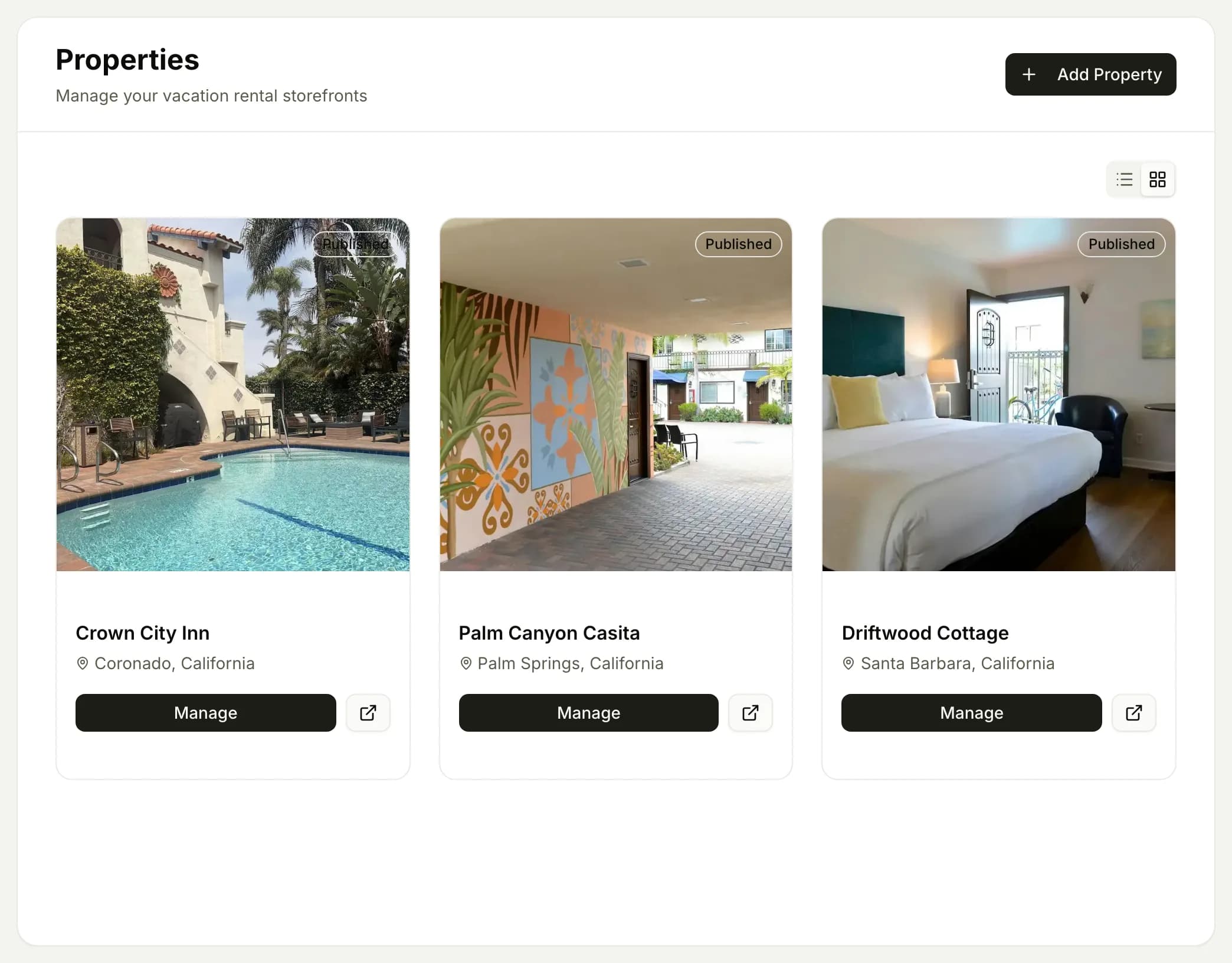 The properties dashboard showing three published properties as cover-photo cards