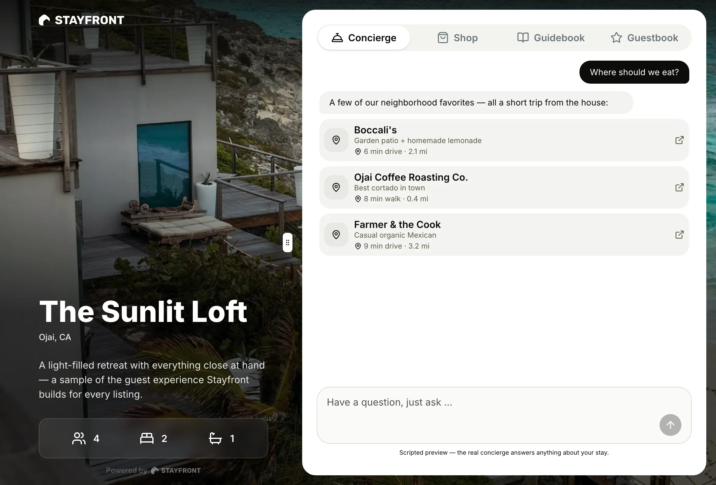 A guest storefront on desktop: the property photo and name beside the guest panel, where the concierge answers a dining question with three nearby restaurants