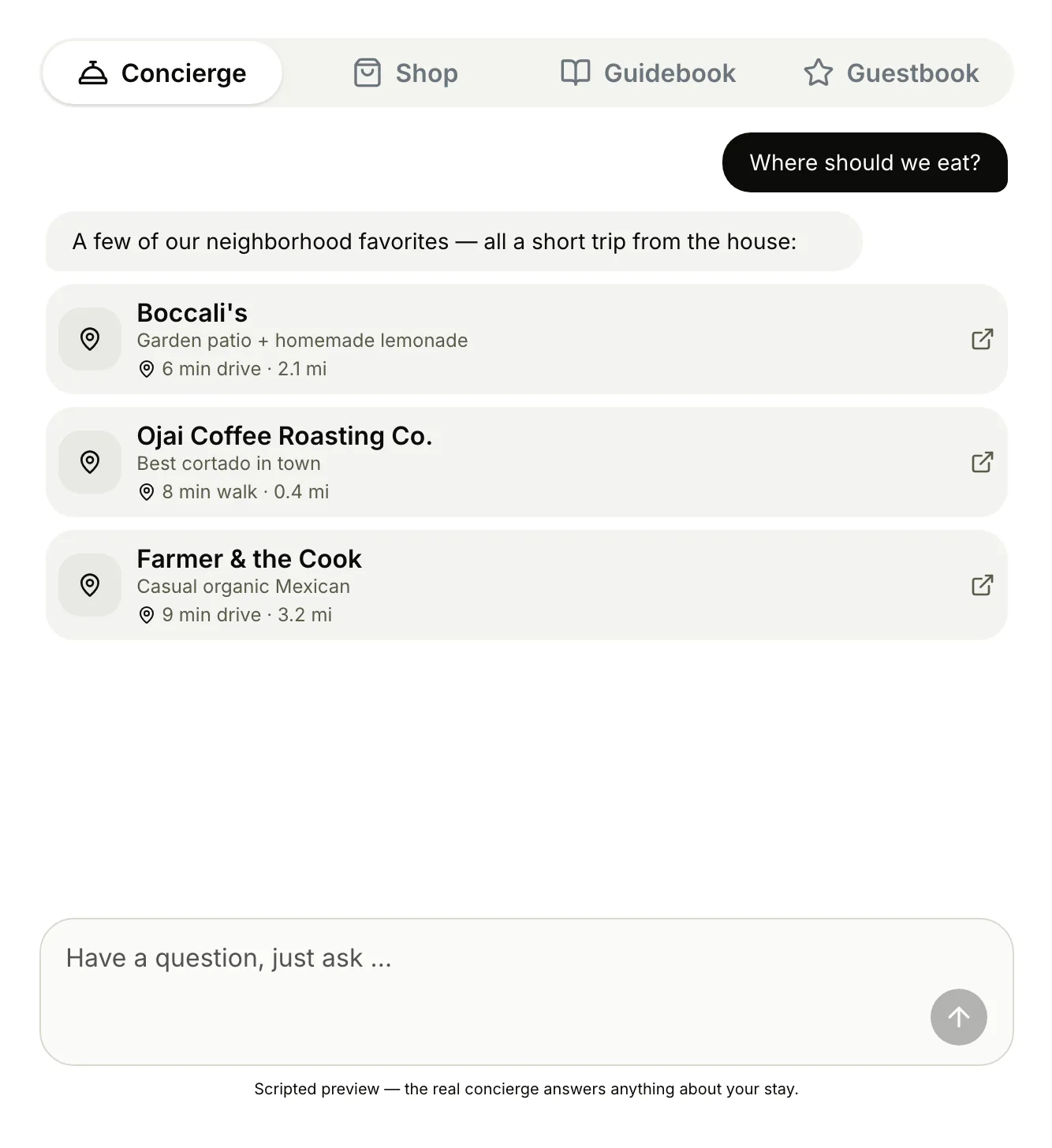 The concierge answering "Where should we eat?" with three nearby restaurants and their walk and drive times