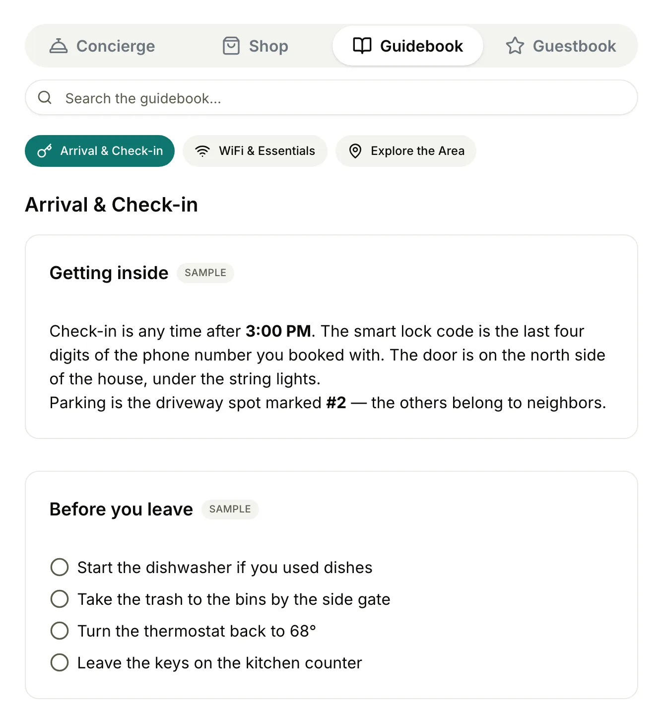 The guidebook open to Arrival & Check-in, with the door code and parking spot