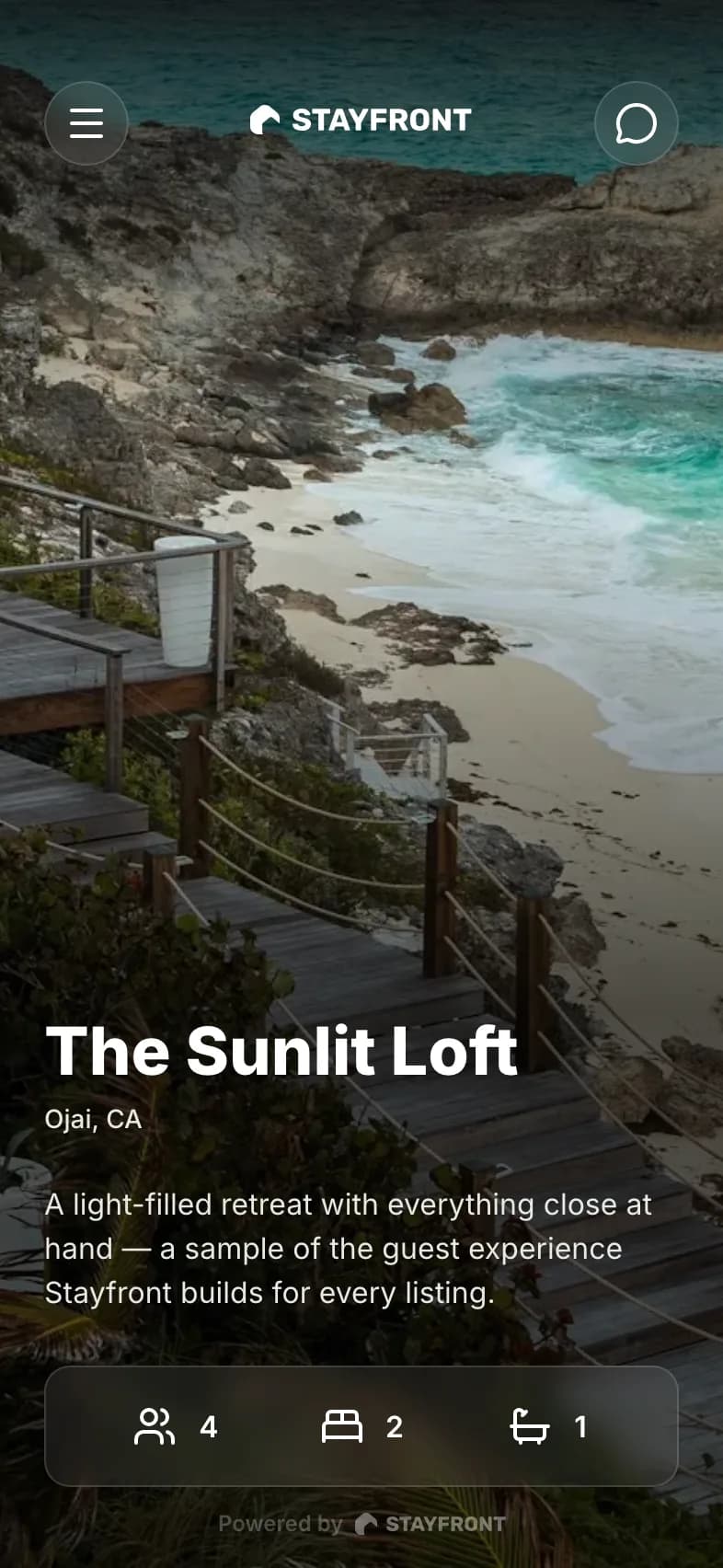 The guest storefront as it opens on a phone: the property photo, its name, and how many it sleeps