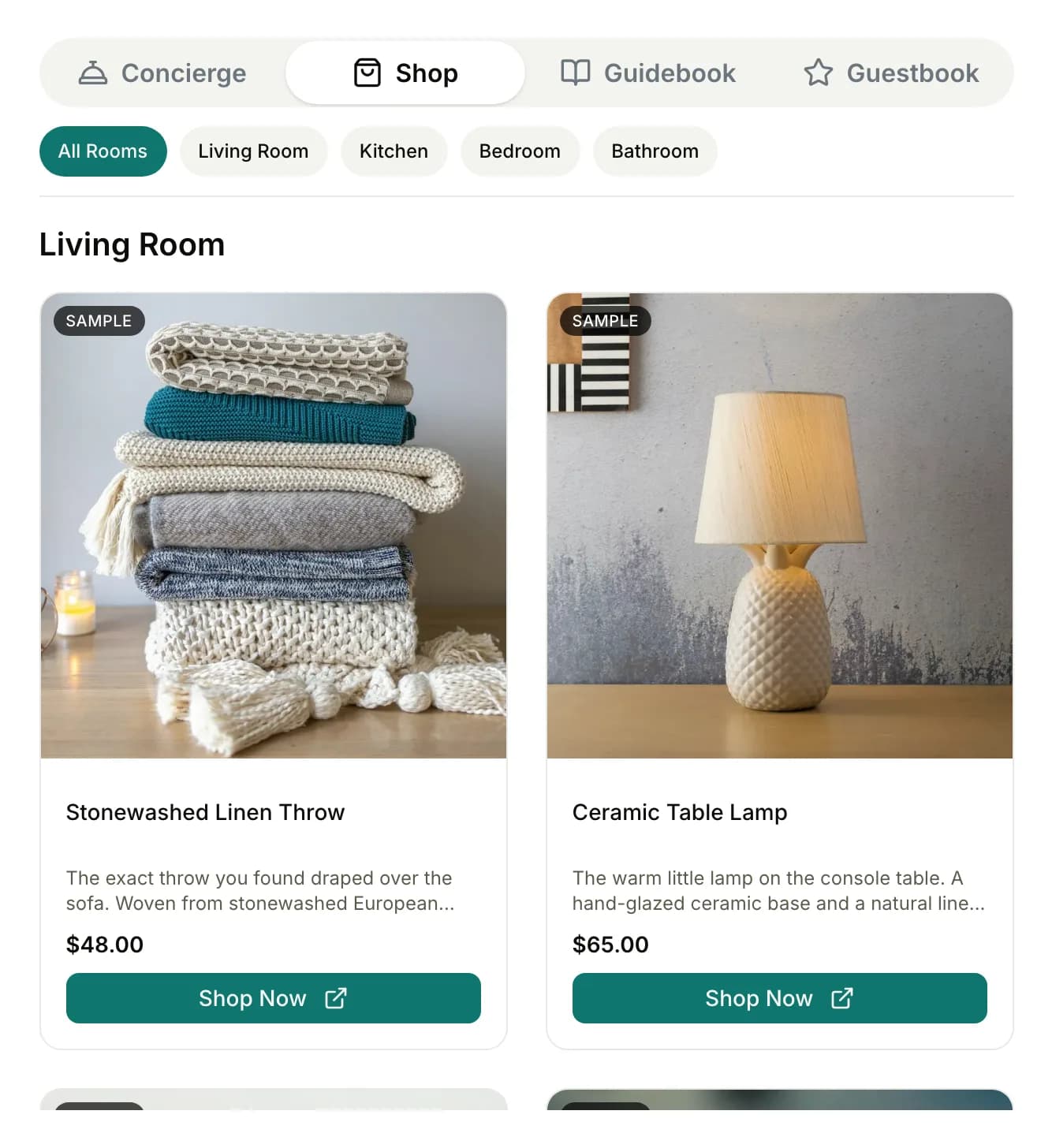 The shop showing the host’s living-room picks with prices and Shop Now buttons