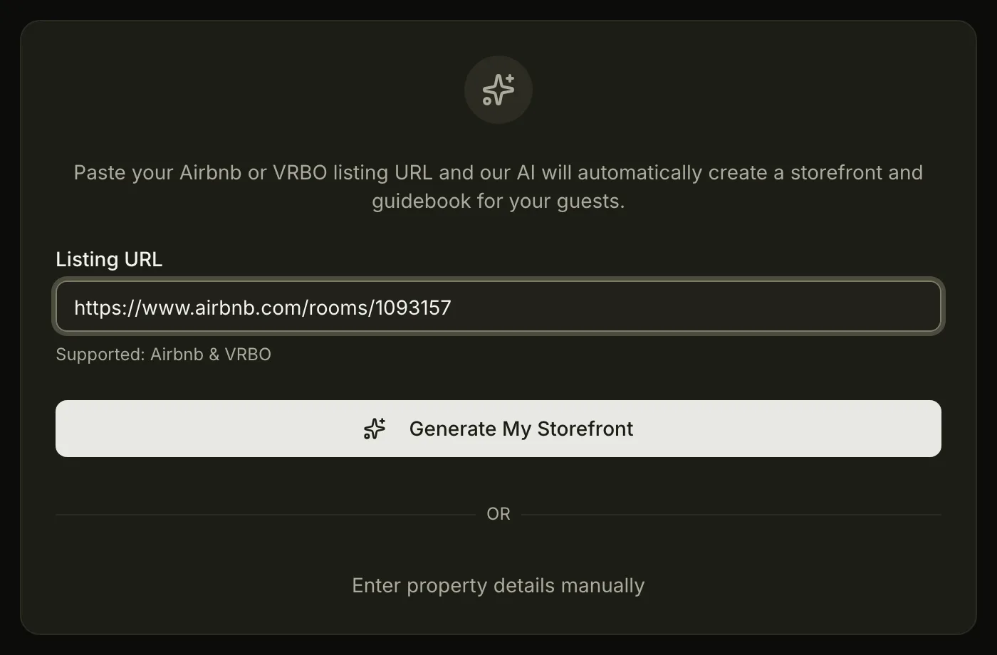 The in-app Add Your Property form with an Airbnb listing URL pasted into the field