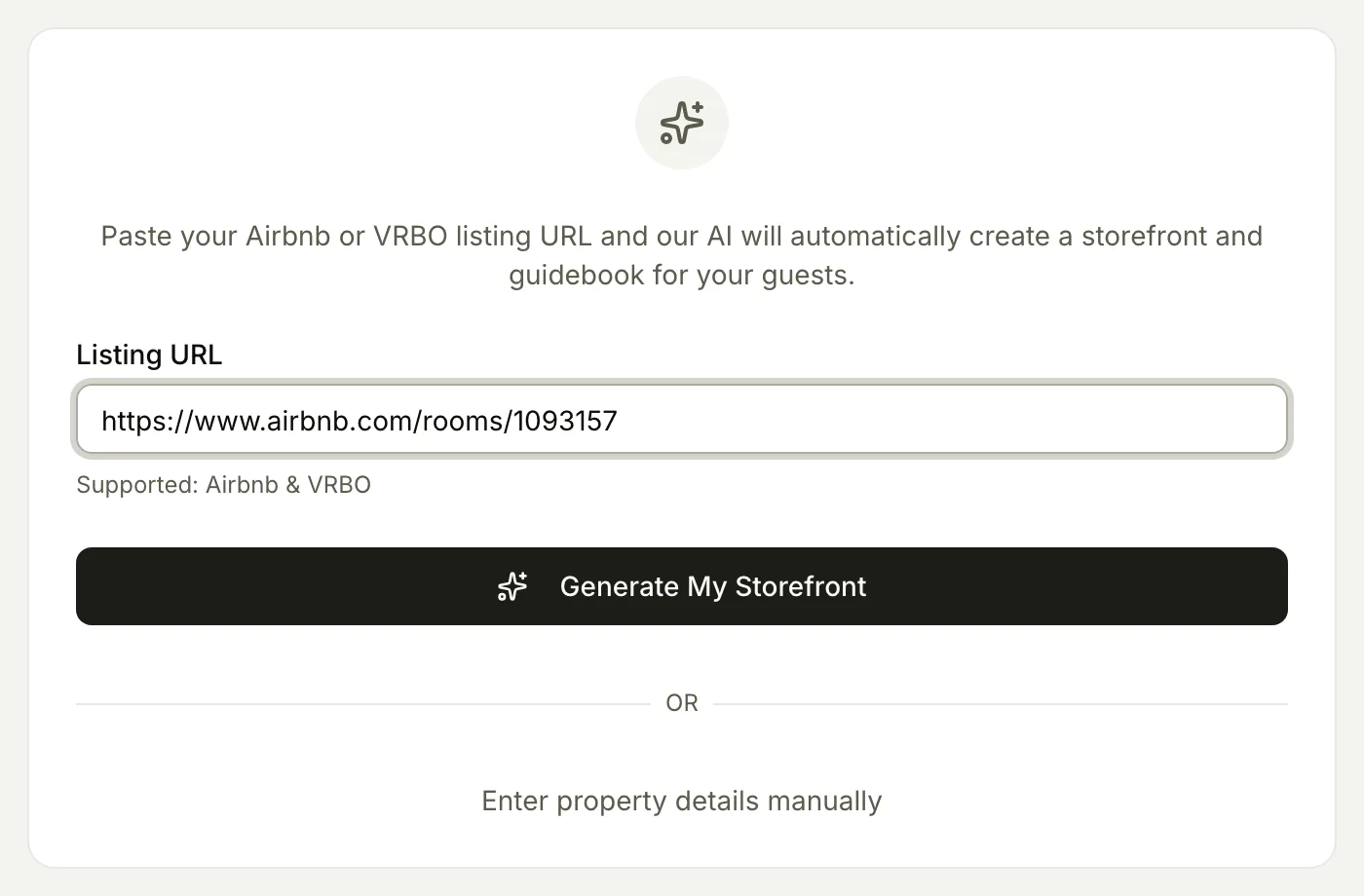 The in-app Add Your Property form with an Airbnb listing URL pasted into the field