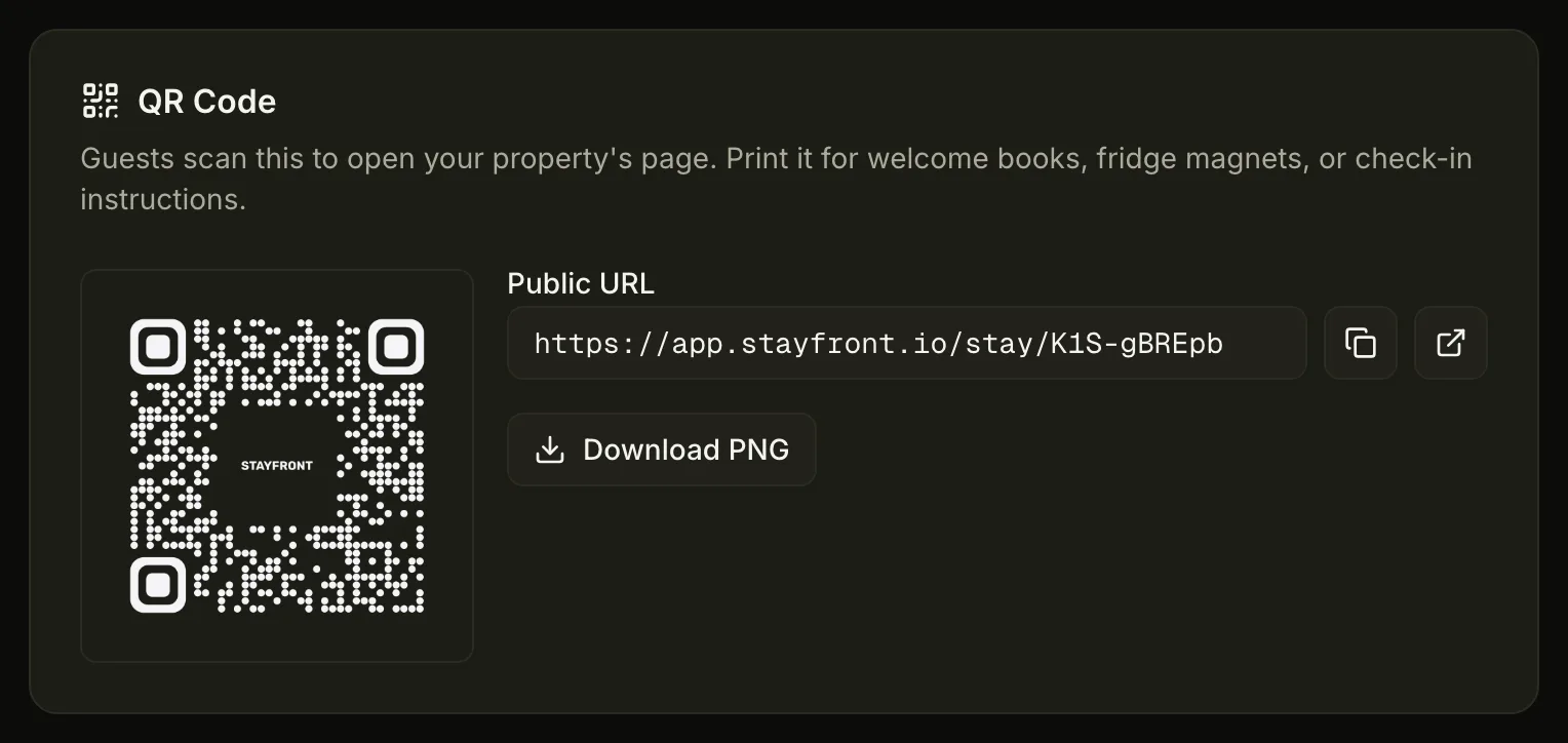 The share panel with a QR code and the property’s public link