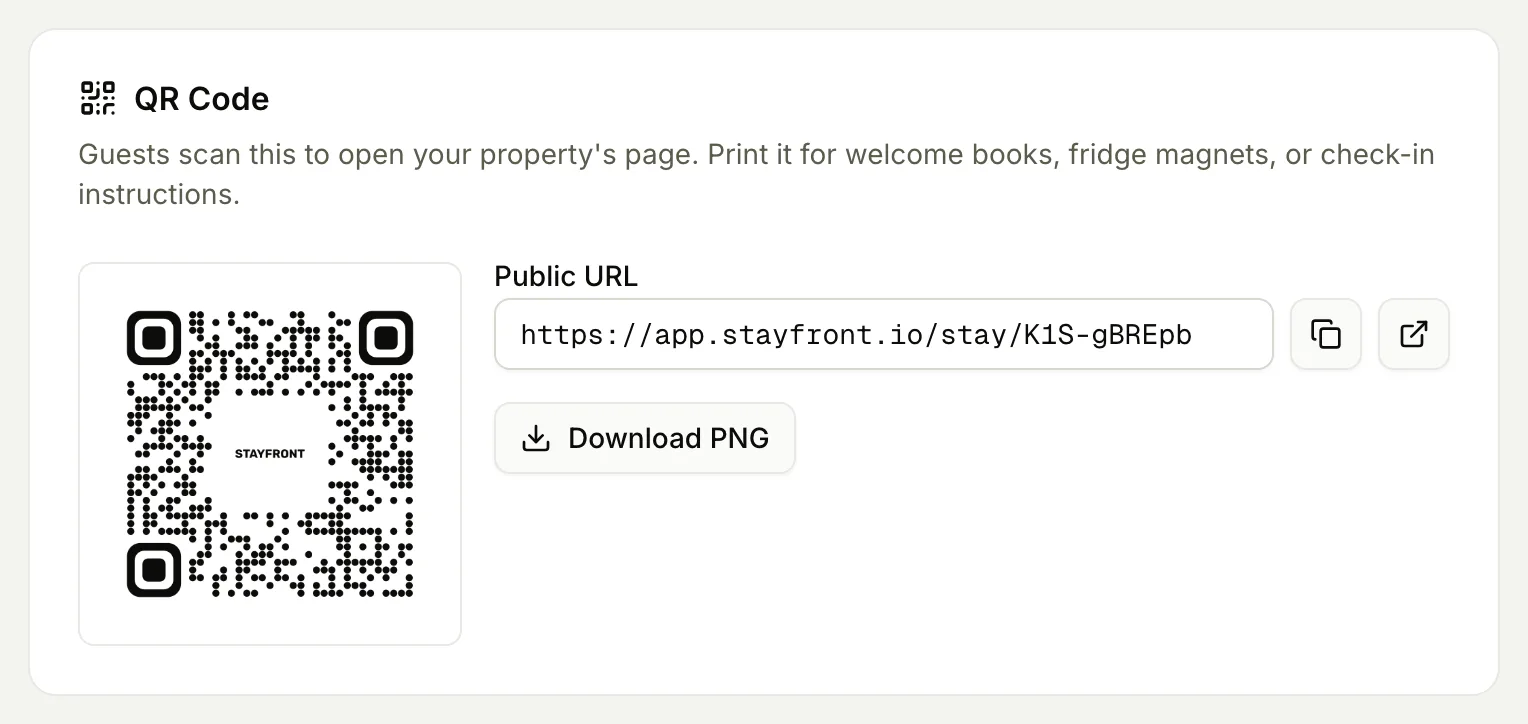The share panel with a QR code and the property’s public link